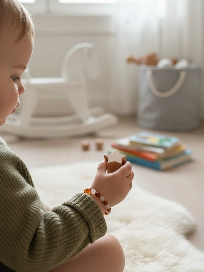 Barnsteenarmband met barnsteen en rozenkwarts voor baby of kind