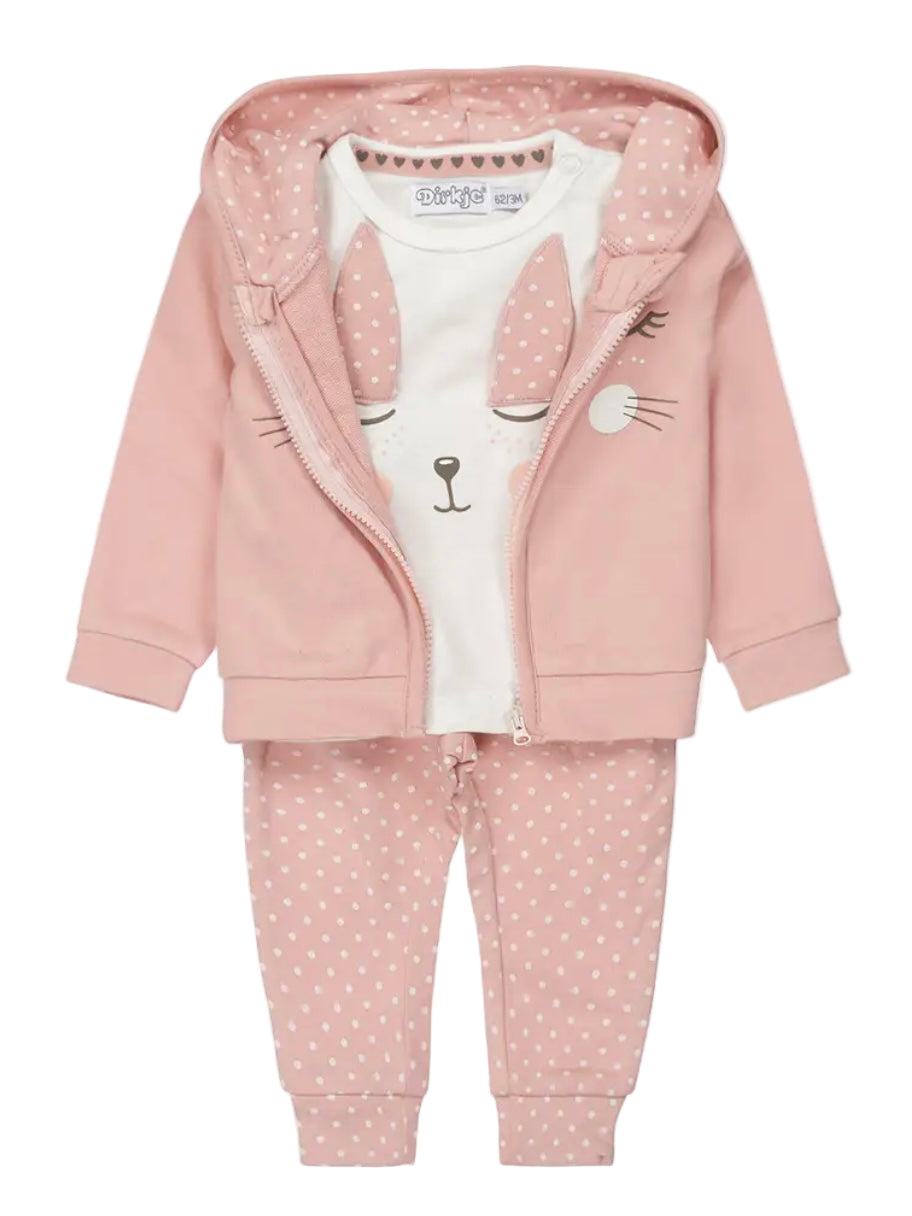 3-delige babyset Bunny Roze van Dirkje met broek, T-shirt en vestje met konijnenoren