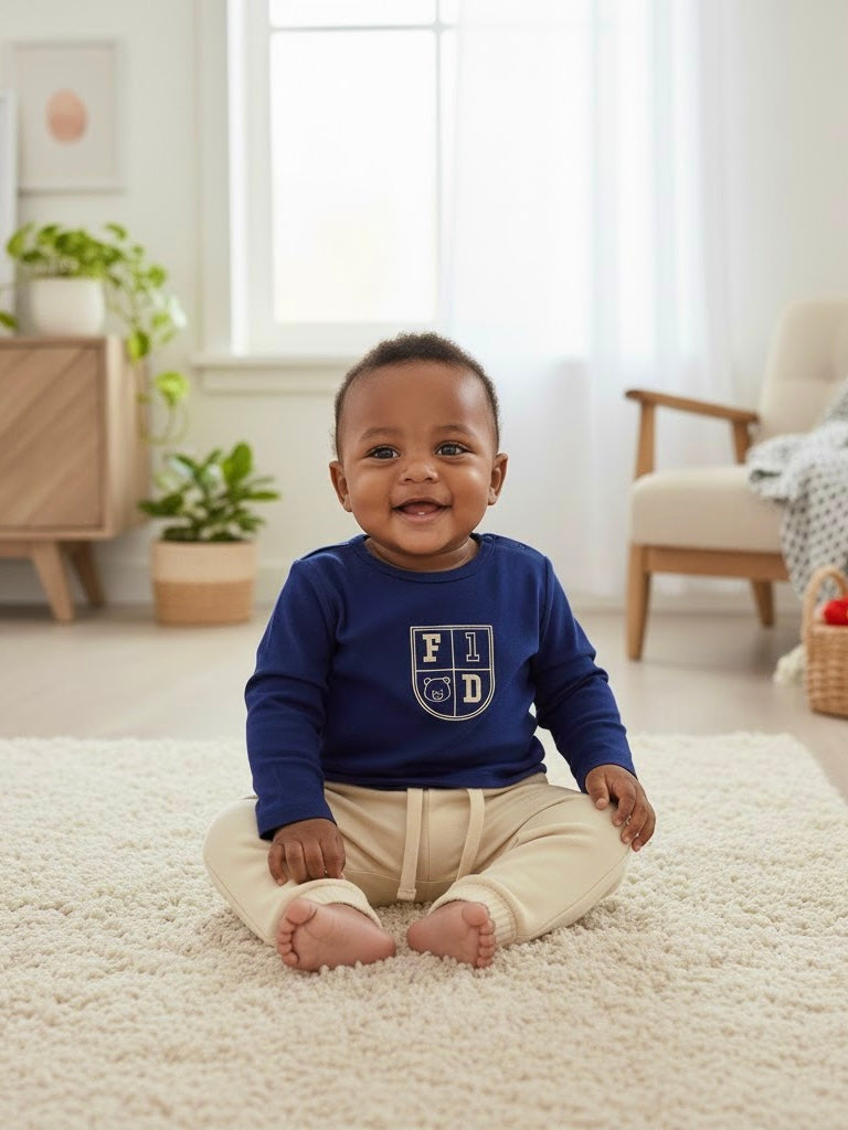 Blauwe babytrui met tekst Play All Day van Frogs and Dogs