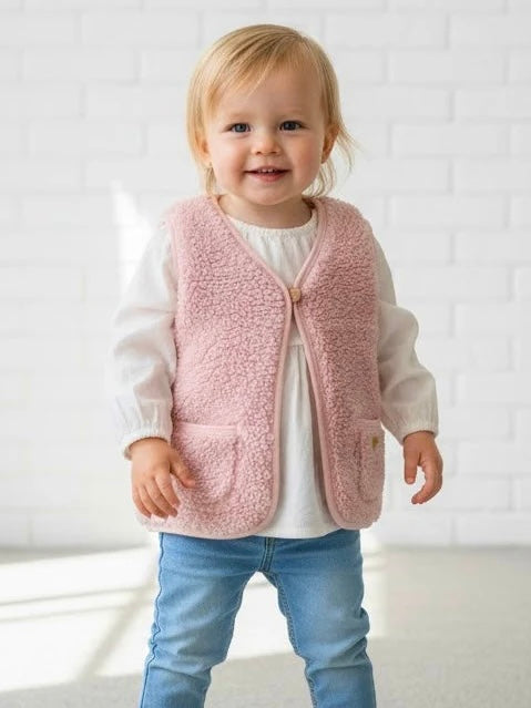 Roze teddy gilet voor baby of kind van het merk Little Chiq