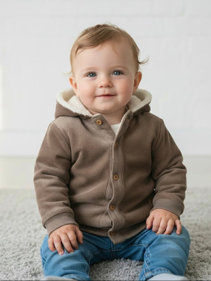 Bruin teddy jasje voor baby of kind van het merk Little Chiq