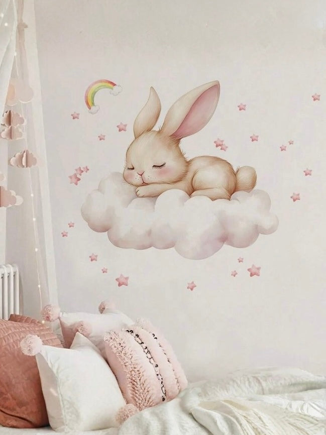 Muursticker van een slapend konijntje als wanddecoratie voor de babykamer