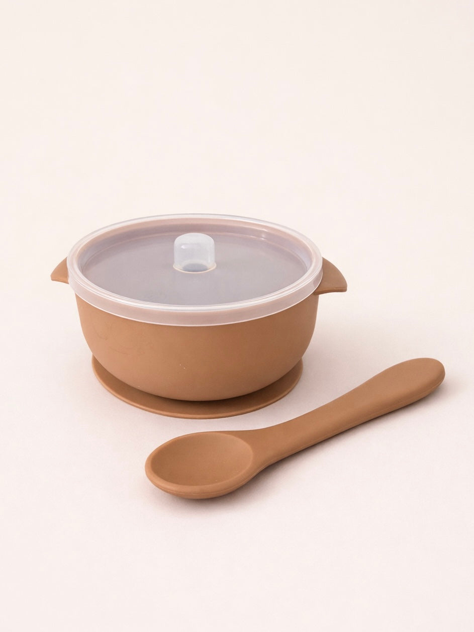 siliconen bakje en lepel bruin kinderen